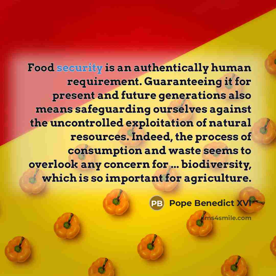 “Food security is an authentically human requirement. Guaranteeing it for…” quote by Pope Benedict XVI
