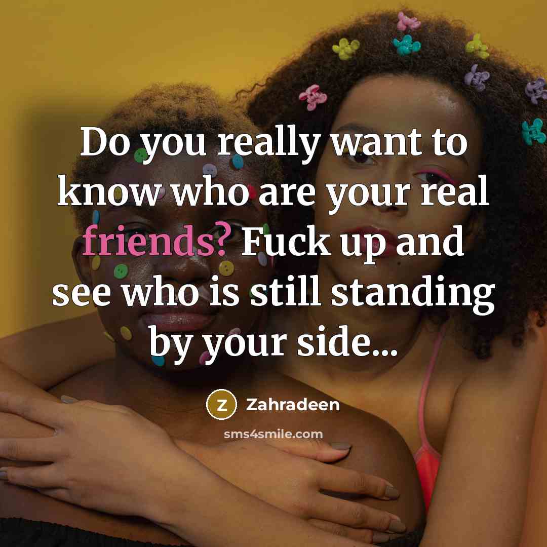 “Do you really want to know who are your real friends? Fuck up and see who is still standing by your side...” quote by Zahradeen
