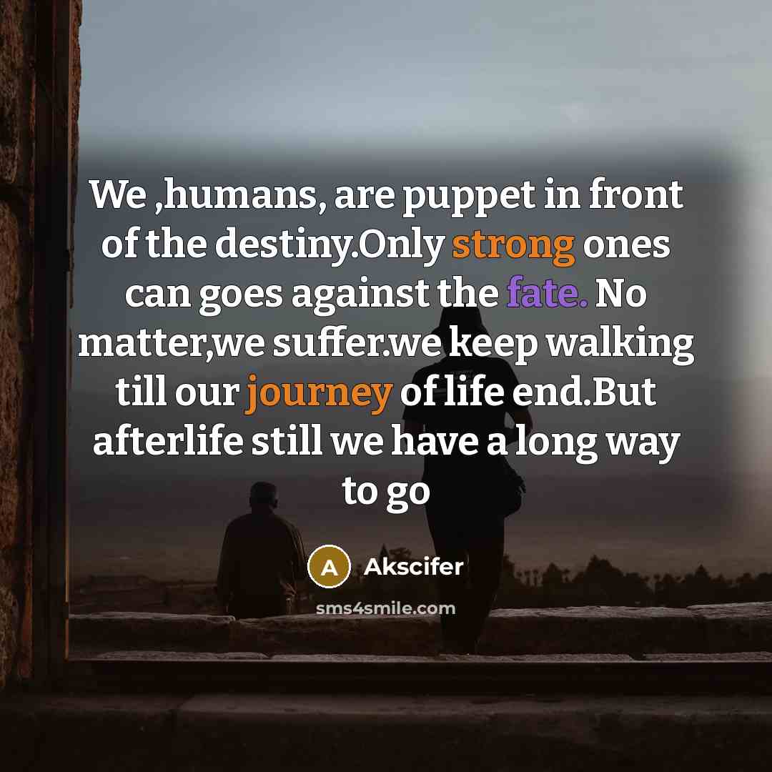 “We ,humans, are puppet in front of the destiny.Only strong ones can goes against the fate. No matter,we suffer.we keep walking till our journey of life end.But afterlife still we have a long way to go” quote by Akscifer