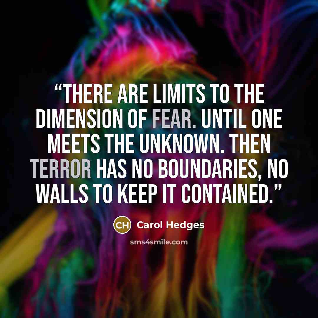 “There are limits to the dimension of fear. Until one meets the unknown. Then terror has no boundaries, no walls to keep it contained.” quote by Carol Hedges