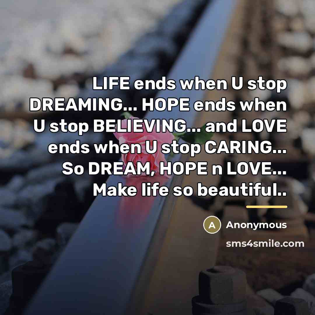 “LIFE ends when U stop DREAMING... HOPE ends when U…” quote by Anonymous