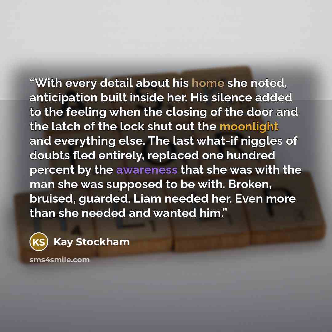 “With every detail about his home she noted, anticipation built inside her. His silence added to the feeling when the closing of the door and the latch of the lock shut out the moonlight and everything else. The last what-if niggles of doubts fled entirely, replaced one hundred percent by the…” quote by Kay Stockham