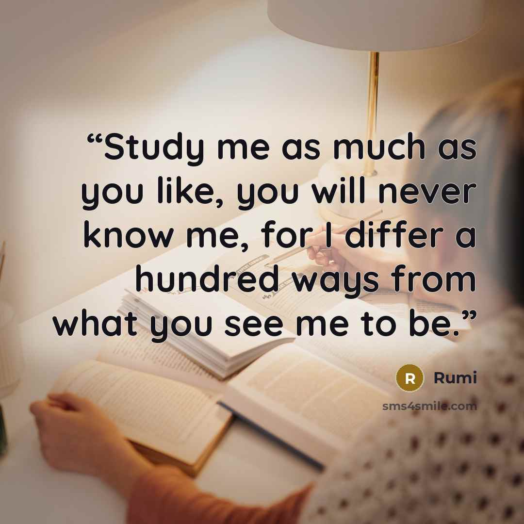 “Study me as much as you like, you will never know me, for I differ a hundred ways from what you see me to be.” quote by Rumi