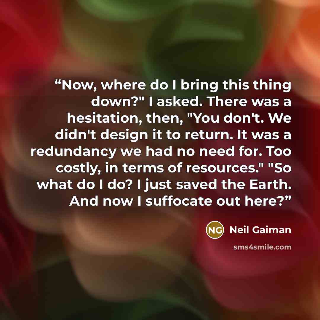 “Now, where do I bring this thing down?" I asked. There was a hesitation, then, "You don't. We didn't design it to return. It was a redundancy we had no need for. Too costly, in terms of resources." "So what do I do? I just saved the Earth. And now I suffocate out here?” quote by Neil Gaiman