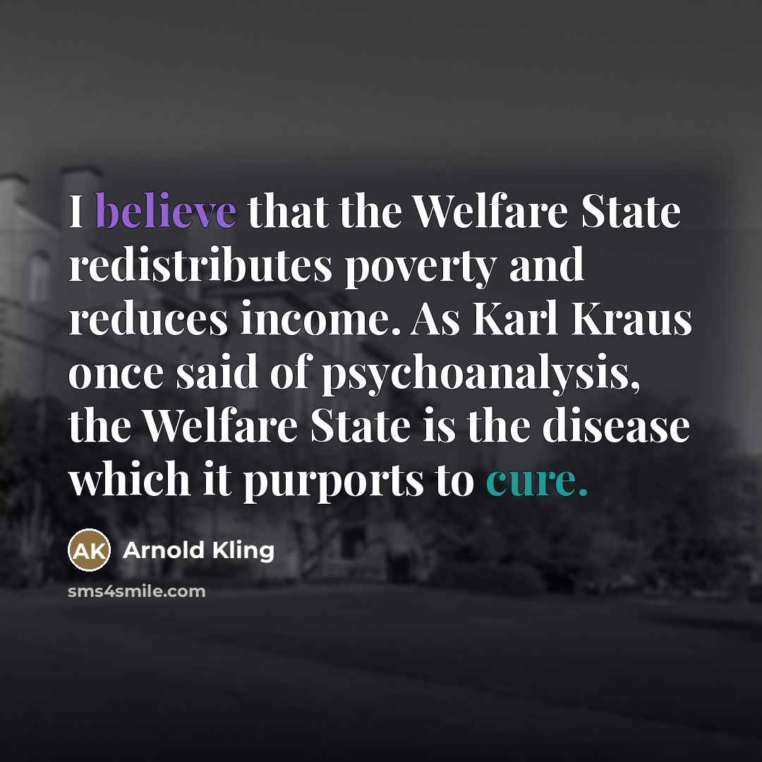 “I believe that the Welfare State redistributes poverty and reduces…” quote by Arnold Kling