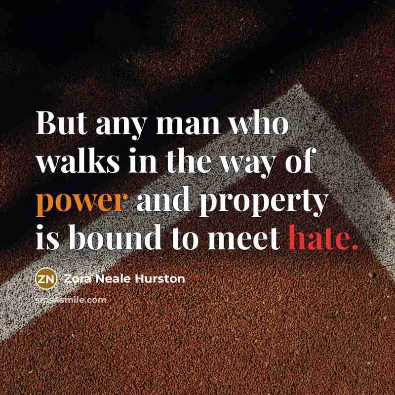 “But any man who walks in the way of power and property is bound to meet hate.” quote by Zora Neale Hurston