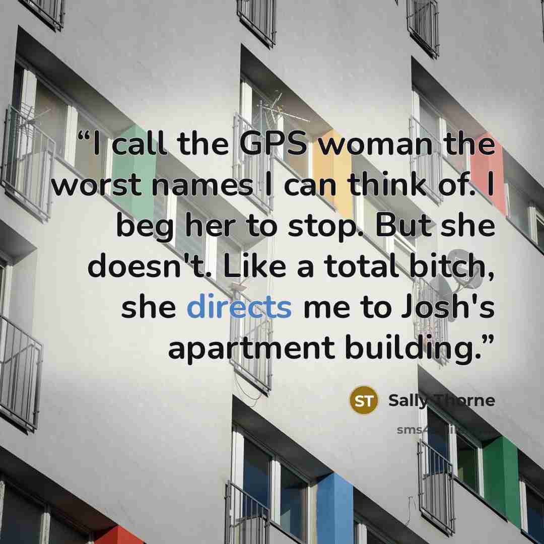 “I call the GPS woman the worst names I can think of. I beg her to stop. But she doesn't. Like a total bitch, she directs me to Josh's apartment building.” quote by Sally Thorne