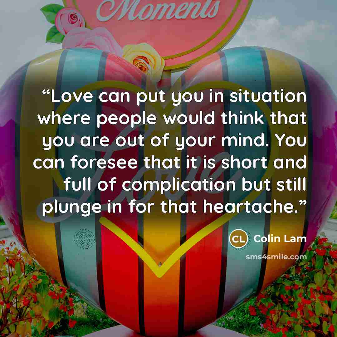 “Love can put you in situation where people would think that you are out of your mind. You can foresee that it is short and full of complication but still plunge in for that heartache.” quote by Colin Lam