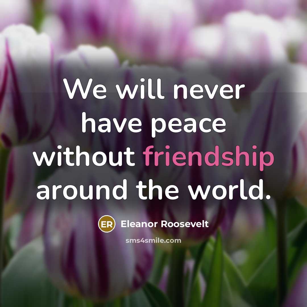 “We will never have peace without friendship around the world.…” quote by Eleanor Roosevelt