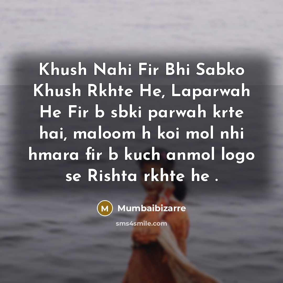 “Khush Nahi Fir Bhi Sabko Khush Rkhte He, Laparwah He Fir b sbki parwah krte hai, maloom h koi mol nhi hmara fir b kuch anmol logo se Rishta rkhte he .” quote by Mumbaibizarre