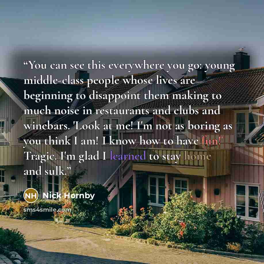 “You can see this everywhere you go: young middle-class people whose lives are beginning to disappoint them making to much noise in restaurants and clubs and winebars. 'Look at me! I'm not as boring as you think I am! I know how to have fun!' Tragic. I'm glad I learned to stay home and sulk.” quote by Nick Hornby