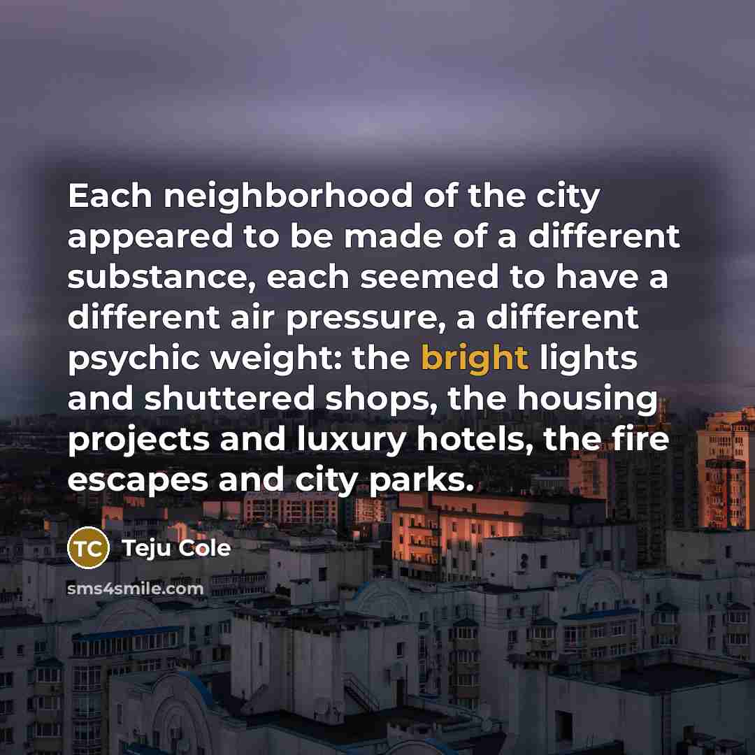 “Each neighborhood of the city appeared to be made of…” quote by Teju Cole
