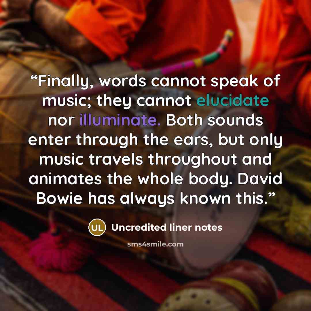 “Finally, words cannot speak of music; they cannot elucidate nor illuminate. Both sounds enter through the ears, but only music travels throughout and animates the whole body. David Bowie has always known this.” quote by Uncredited liner notes
