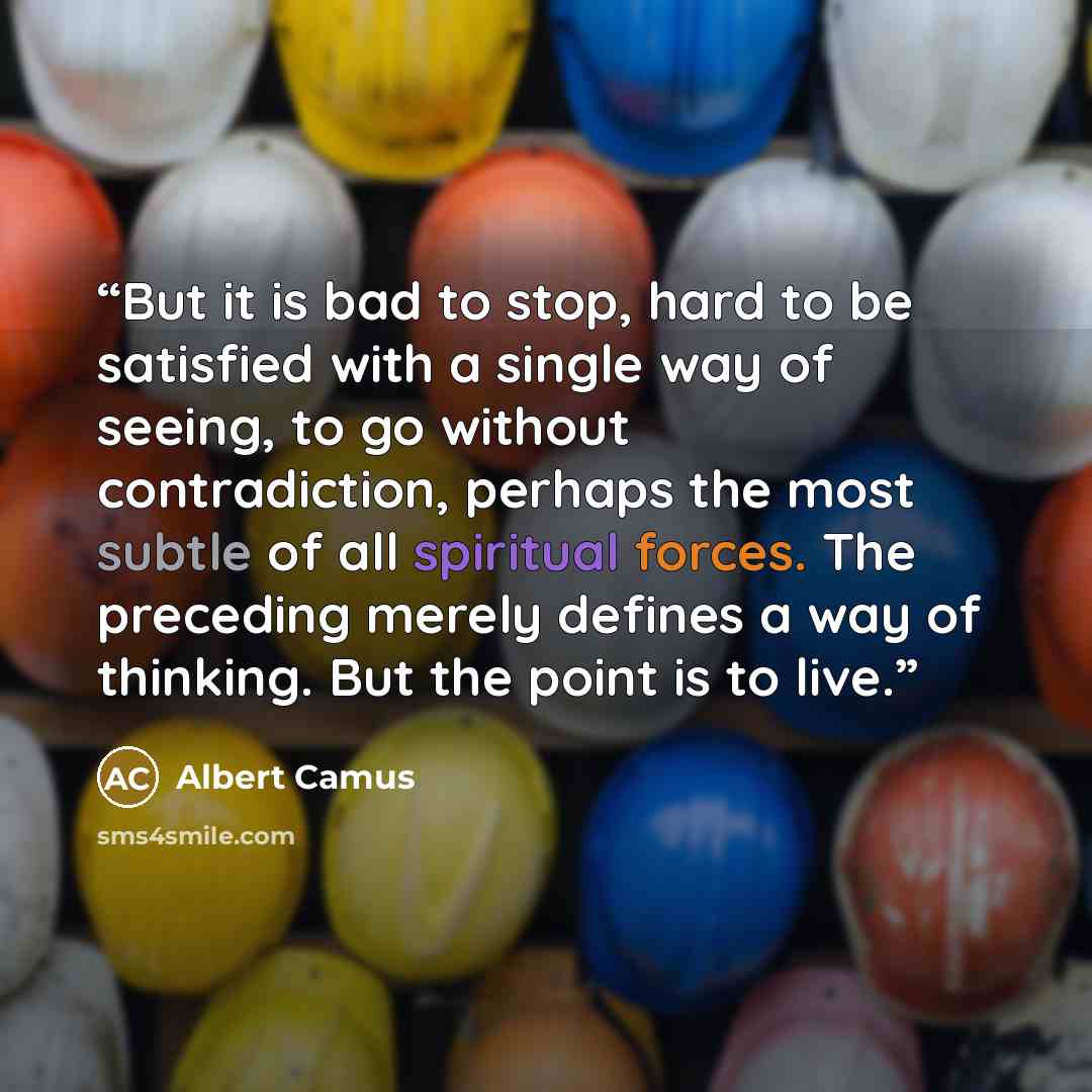 “But it is bad to stop, hard to be satisfied with a single way of seeing, to go without contradiction, perhaps the most subtle of all spiritual forces. The preceding merely defines a way of thinking. But the point is to live.” quote by Albert Camus