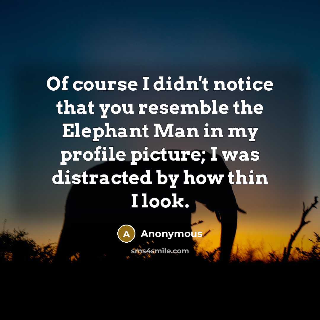 “Of course I didn't notice that you resemble the Elephant Man in my profile picture; I was distracted by how thin I look.” quote by Anonymous