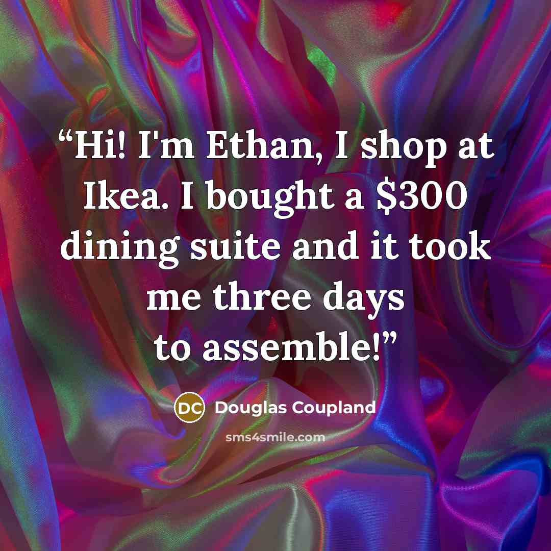 “Hi! I'm Ethan, I shop at Ikea. I bought a $300 dining suite and it took me three days to assemble!” quote by Douglas Coupland