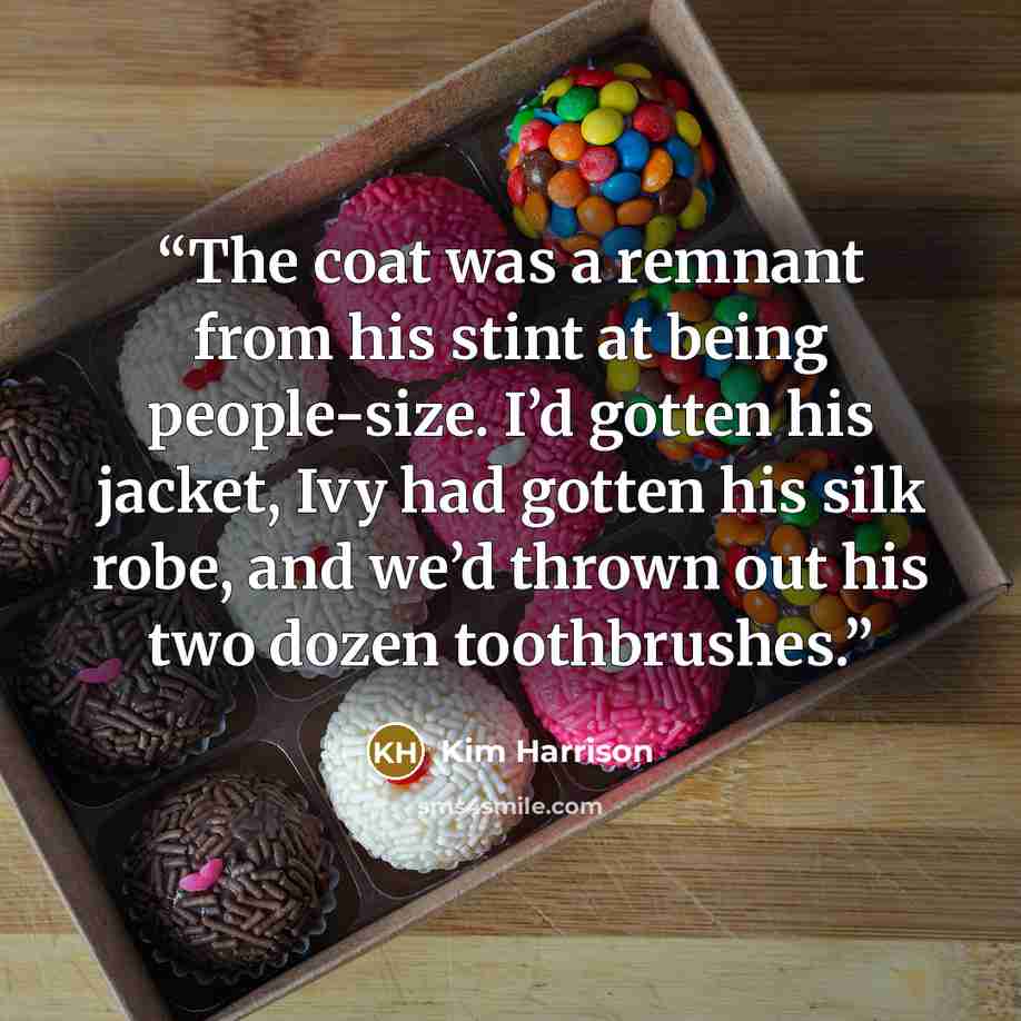 “The coat was a remnant from his stint at being people-size. I’d gotten his jacket, Ivy had gotten his silk robe, and we’d thrown out his two dozen toothbrushes.” quote by Kim Harrison