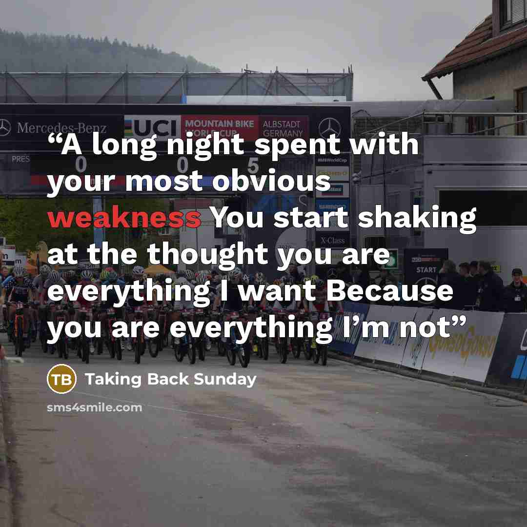 “A long night spent with your most obvious weakness You start shaking at the thought you are everything I want Because you are everything I’m not” quote by Taking Back Sunday
