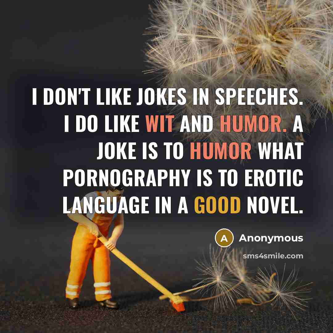 “I don't like jokes in speeches. I do like wit and humor. A joke is to humor what pornography is to erotic language in a good novel.” quote by Anonymous