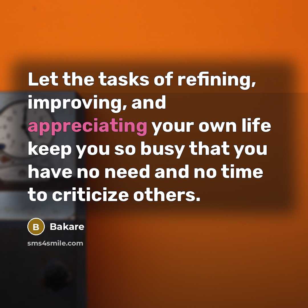 “Let the tasks of refining, improving, and appreciating your own life keep you so busy that you have no need and no time to criticize others.” quote by Bakare