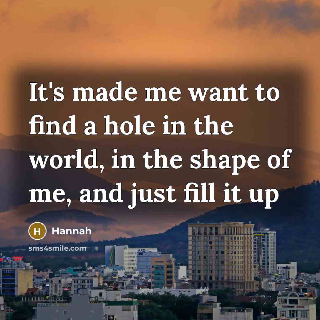“It's made me want to find a hole in the world, in the shape of me, and just fill it up” quote by Hannah