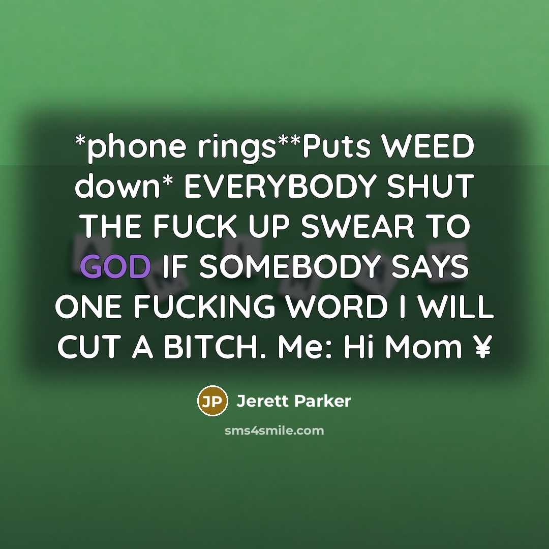 “*phone rings**Puts WEED down* EVERYBODY SHUT THE FUCK UP SWEAR TO GOD IF SOMEBODY SAYS ONE FUCKING WORD I WILL CUT A BITCH. Me: Hi Mom ¥” quote by Jerett Parker