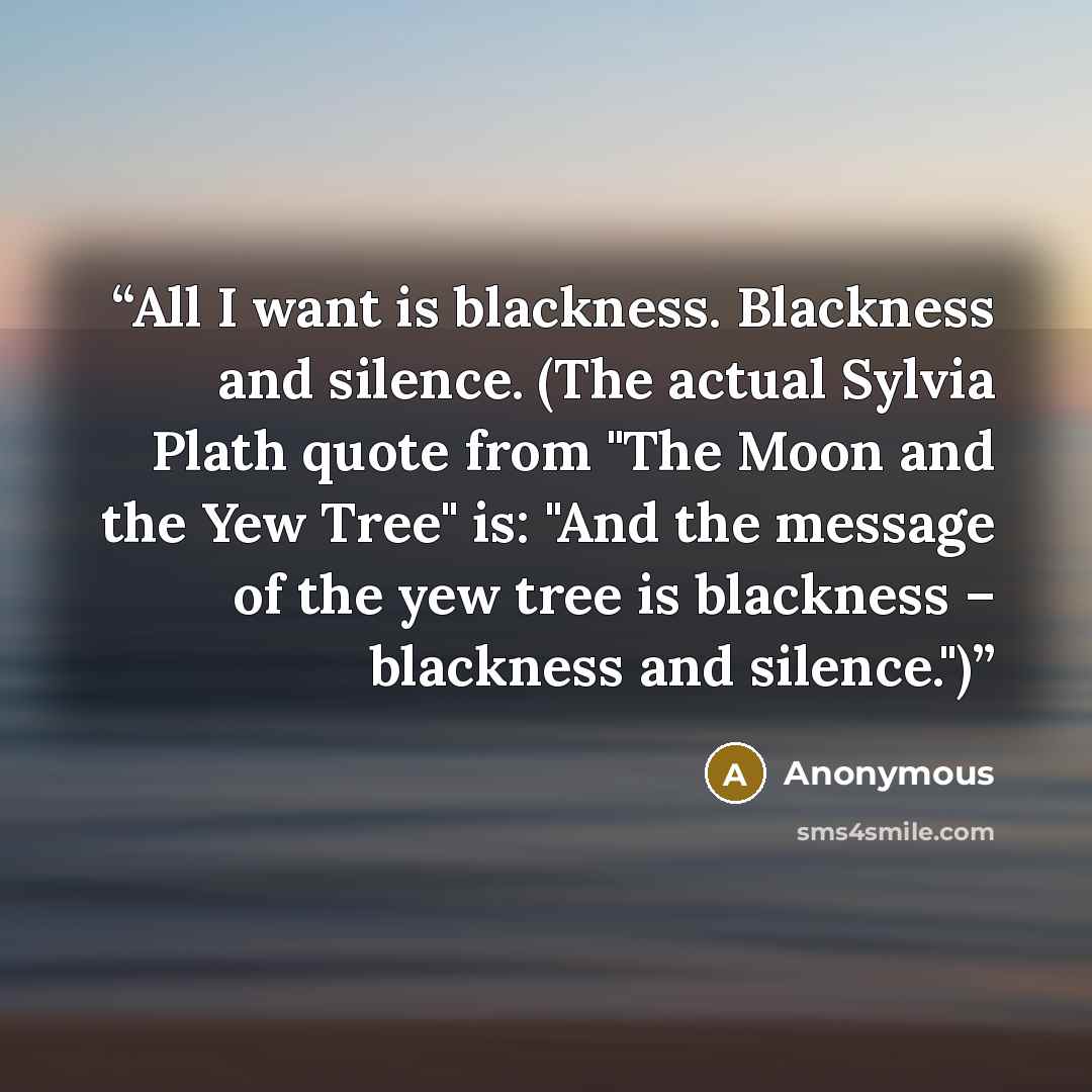 “All I want is blackness. Blackness and silence. (The actual Sylvia Plath quote from "The Moon and the Yew Tree" is: "And the message of the yew tree is blackness – blackness and silence.")” quote by Anonymous