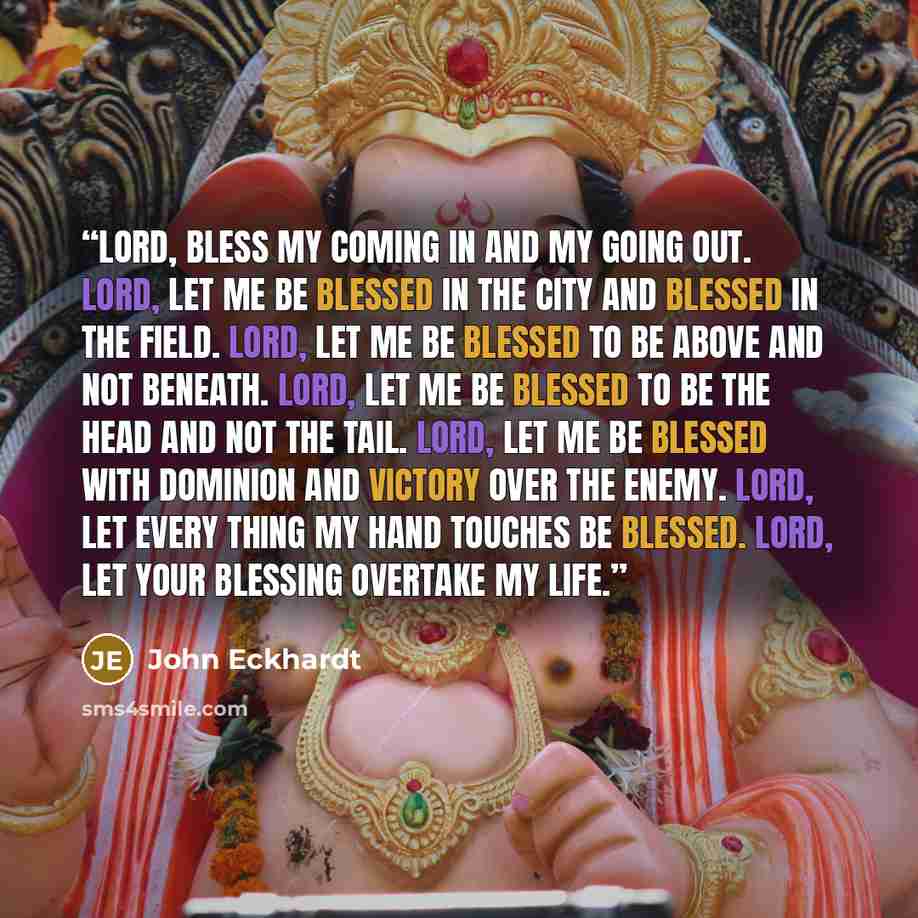 “Lord, bless my coming in and my going out. Lord, let me be blessed in the city and blessed in the field. Lord, let me be blessed to be above and not beneath. Lord, let me be blessed to be the head and not the tail. Lord, let me be blessed with dominion and victory over the enemy. Lord, let every…” quote by John Eckhardt
