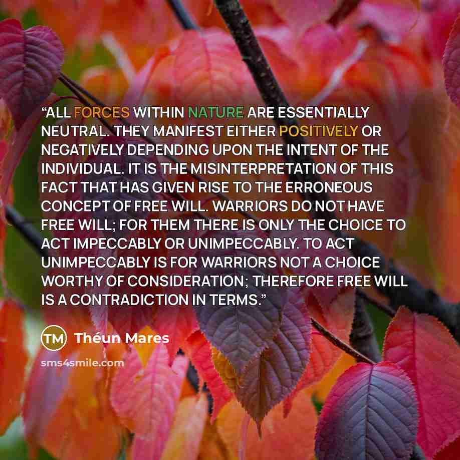 “ALL FORCES WITHIN NATURE ARE ESSENTIALLY NEUTRAL. THEY MANIFEST EITHER POSITIVELY OR NEGATIVELY DEPENDING UPON THE INTENT OF THE INDIVIDUAL. IT IS THE MISINTERPRETATION OF THIS FACT THAT HAS GIVEN RISE TO THE ERRONEOUS CONCEPT OF FREE WILL. WARRIORS DO NOT HAVE FREE WILL; FOR THEM THERE IS ONLY…” quote by Théun Mares