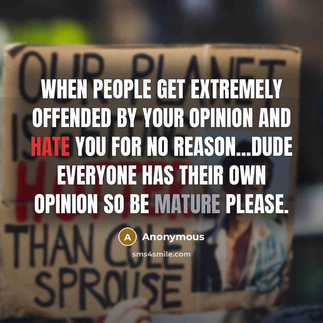 “When people get extremely offended by your opinion and hate you for no reason...dude everyone has their own opinion so be mature please.” quote by Anonymous