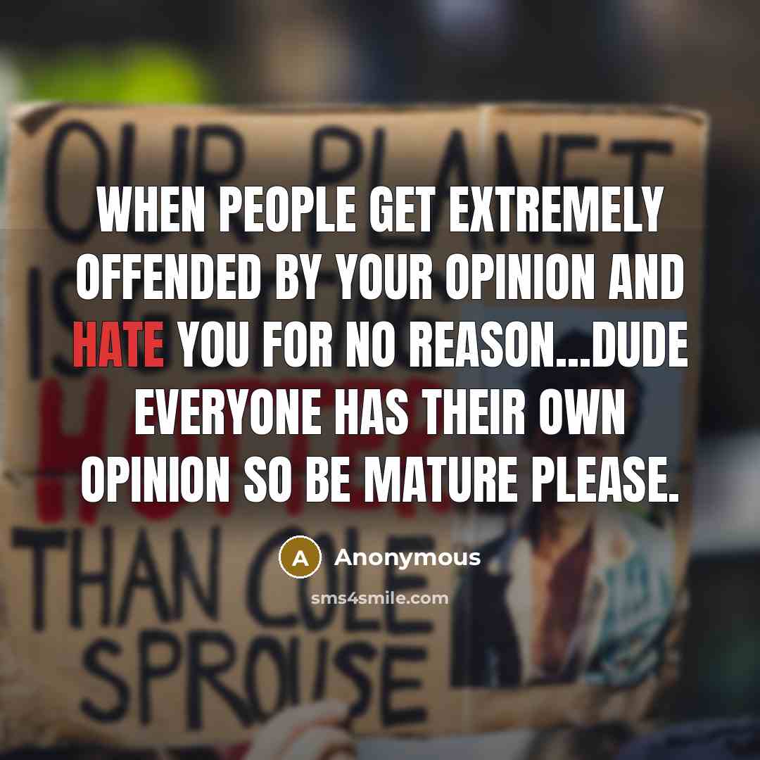 “When people get extremely offended by your opinion and hate you for no reason...dude everyone has their own opinion so be mature please.” quote by Anonymous