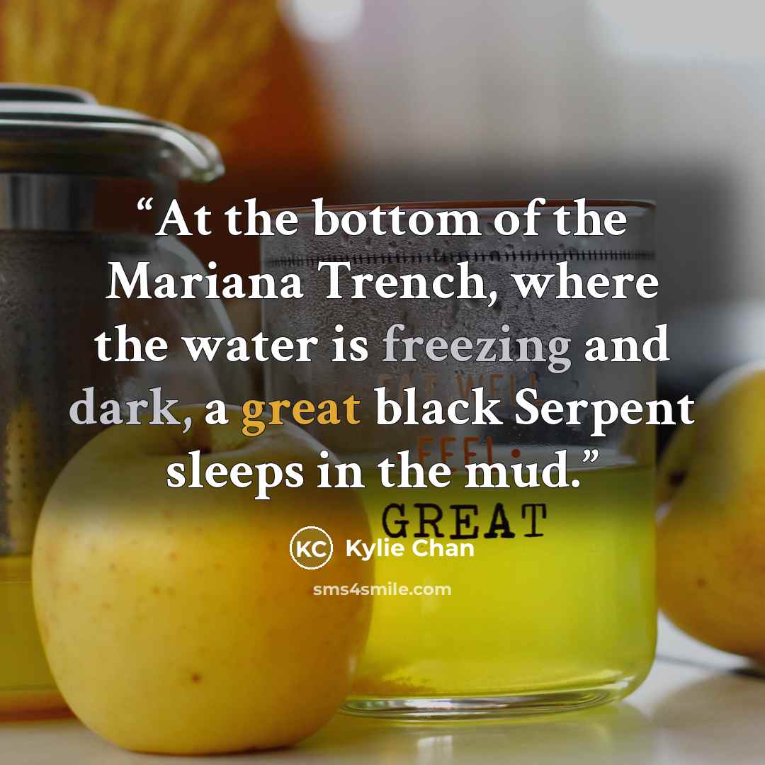 “At the bottom of the Mariana Trench, where the water is freezing and dark, a great black Serpent sleeps in the mud.” quote by Kylie Chan