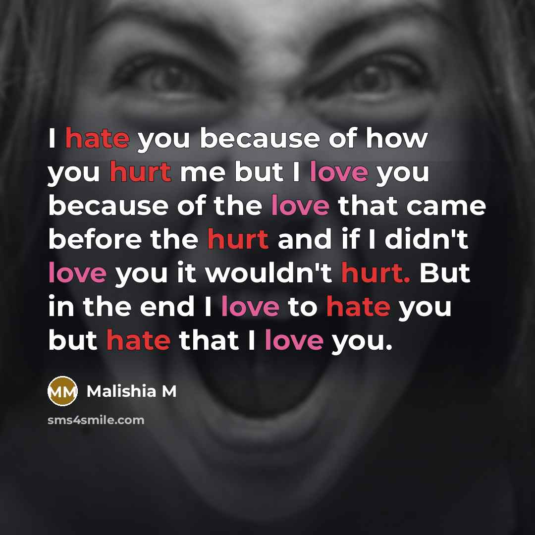 “I hate you because of how you hurt me but…” quote by Malishia M