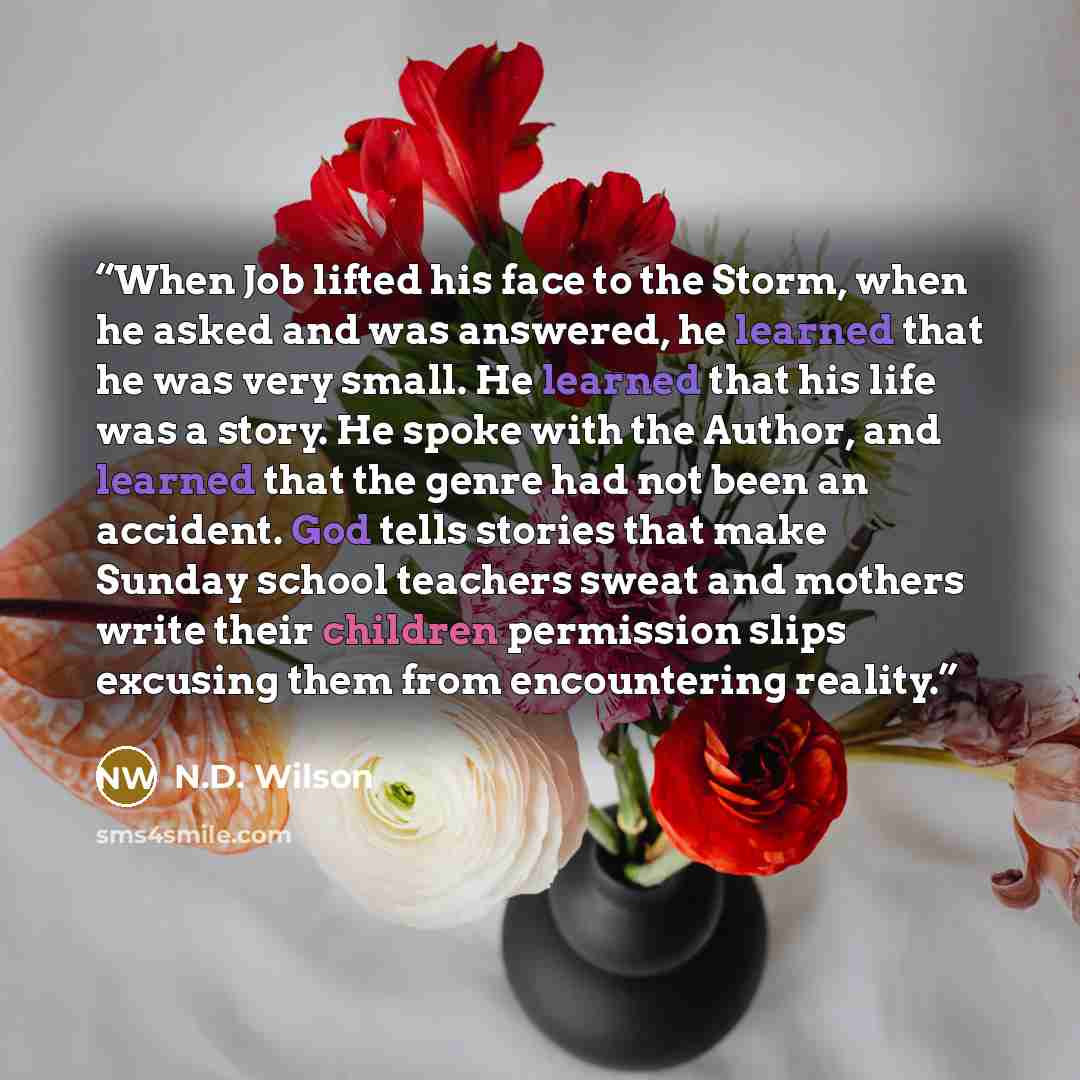 “When Job lifted his face to the Storm, when he asked and was answered, he learned that he was very small. He learned that his life was a story. He spoke with the Author, and learned that the genre had not been an accident. God tells stories that make Sunday school teachers sweat and mothers write…” quote by N.D. Wilson