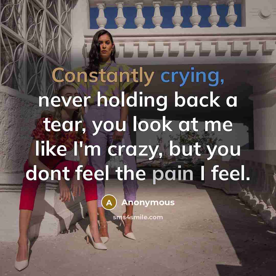 “Constantly crying, never holding back a tear, you look at me like I'm crazy, but you dont feel the pain I feel.” quote by Anonymous