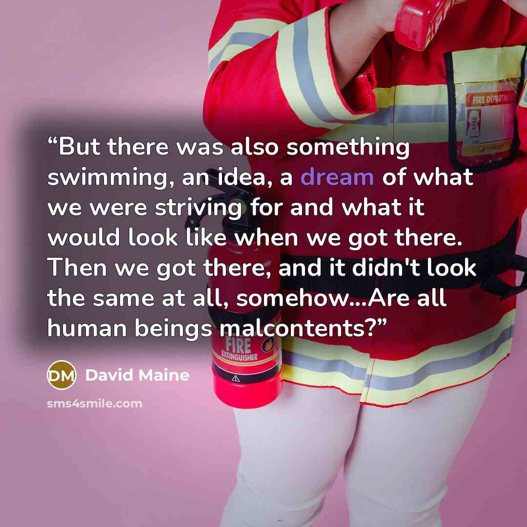 “But there was also something swimming, an idea, a dream of what we were striving for and what it would look like when we got there. Then we got there, and it didn't look the same at all, somehow...Are all human beings malcontents?” quote by David Maine