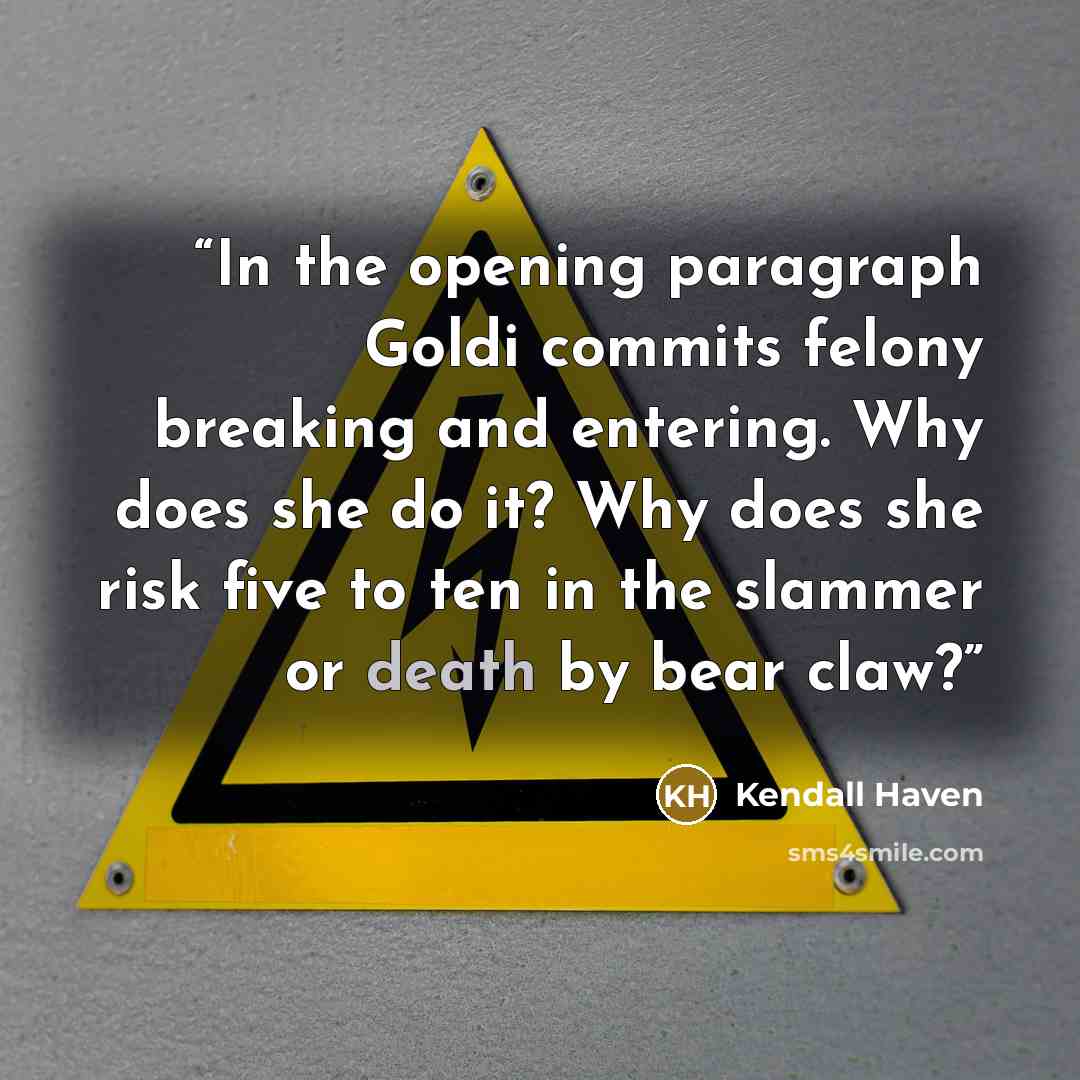 “In the opening paragraph Goldi commits felony breaking and entering. Why does she do it? Why does she risk five to ten in the slammer or death by bear claw?” quote by Kendall Haven