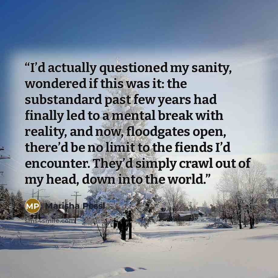 “I’d actually questioned my sanity, wondered if this was it: the substandard past few years had finally led to a mental break with reality, and now, floodgates open, there’d be no limit to the fiends I’d encounter. They’d simply crawl out of my head, down into the world.” quote by Marisha Pessl