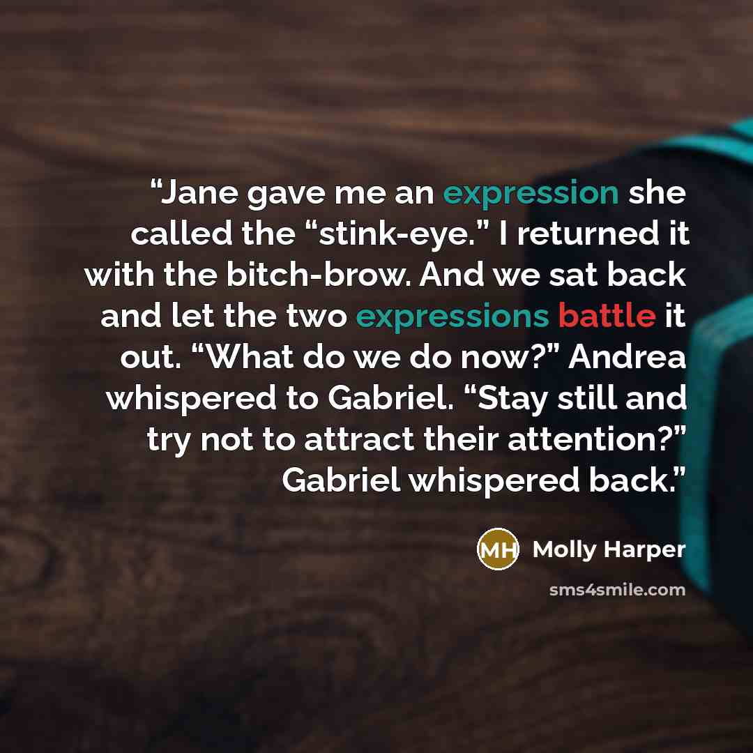 “Jane gave me an expression she called the “stink-eye.” I returned it with the bitch-brow. And we sat back and let the two expressions battle it out. “What do we do now?” Andrea whispered to Gabriel. “Stay still and try not to attract their attention?” Gabriel whispered back.” quote by Molly Harper