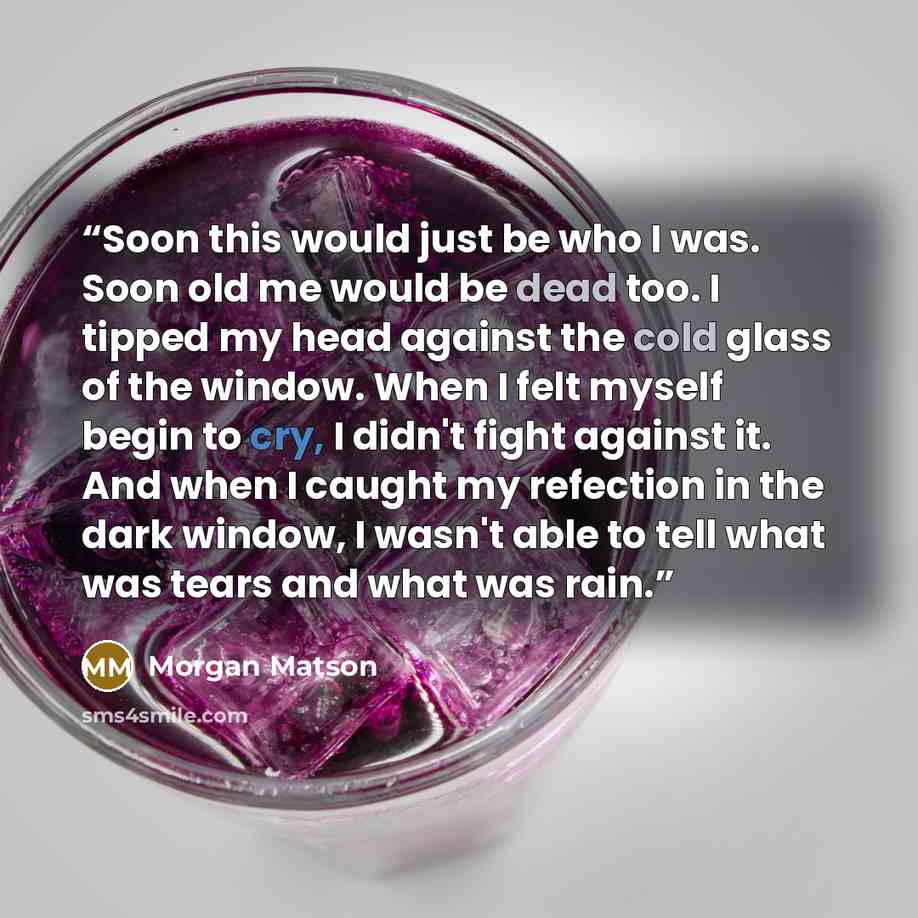 “Soon this would just be who I was. Soon old me would be dead too. I tipped my head against the cold glass of the window. When I felt myself begin to cry, I didn't fight against it. And when I caught my refection in the dark window, I wasn't able to tell what was tears and what was rain.” quote by Morgan Matson