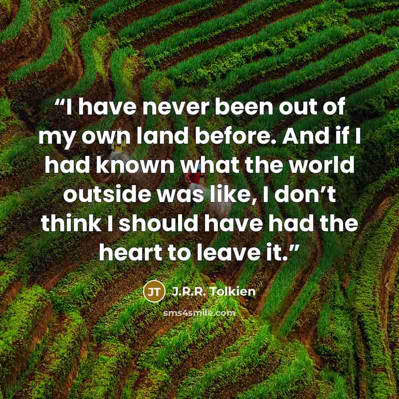 “I have never been out of my own land before. And if I had known what the world outside was like, I don’t think I should have had the heart to leave it.” quote by J.R.R. Tolkien