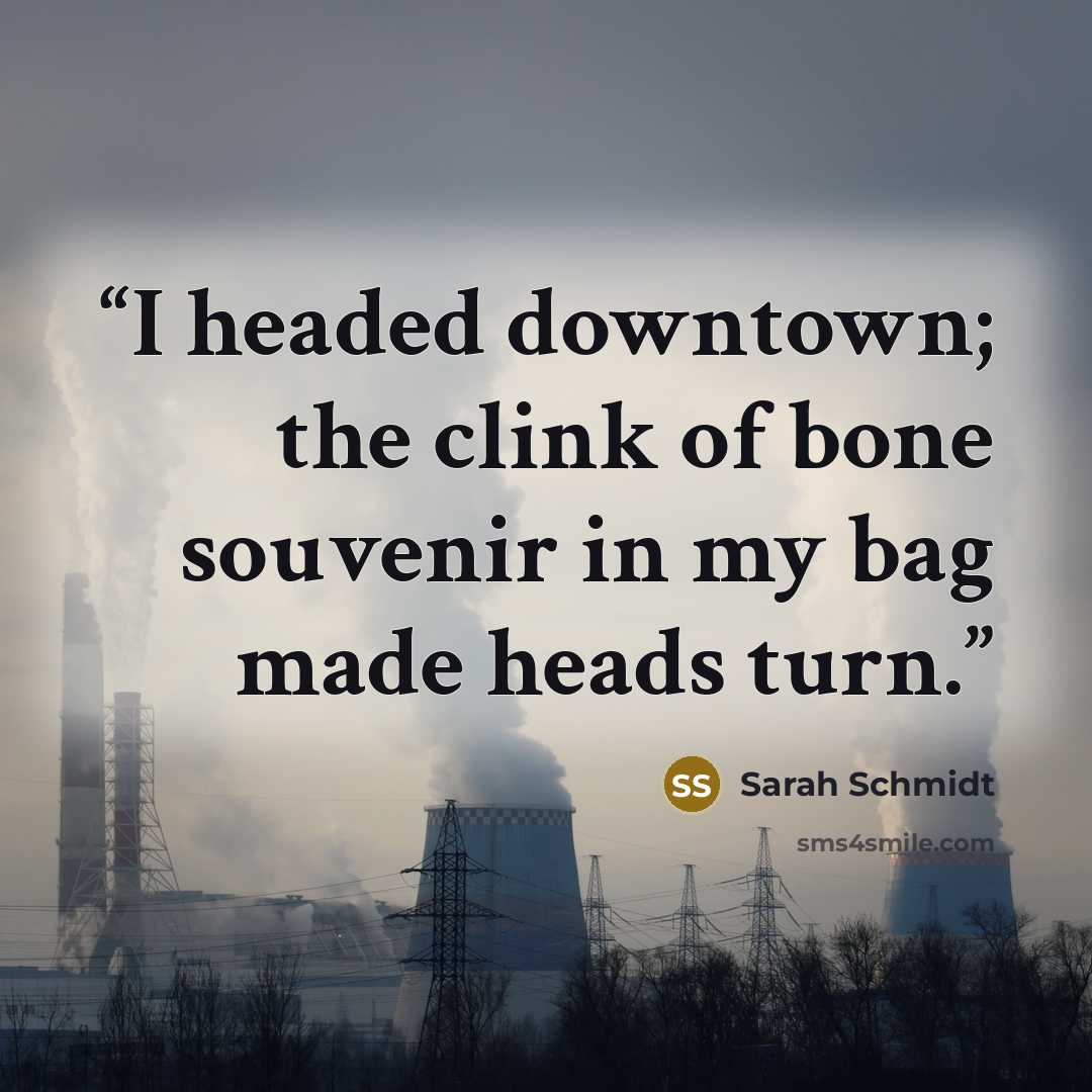 “I headed downtown; the clink of bone souvenir in my bag made heads turn.” quote by Sarah Schmidt