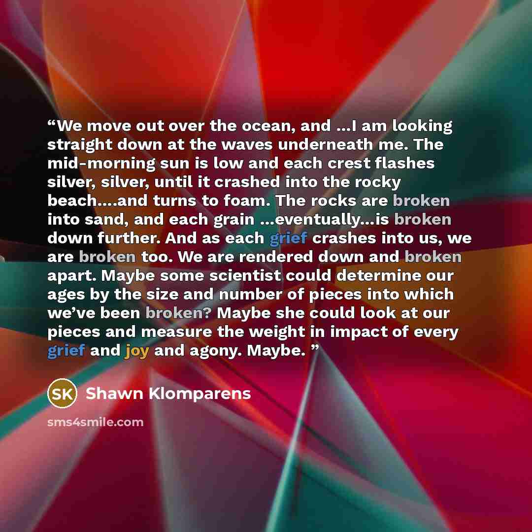 “We move out over the ocean, and …I am looking straight down at the waves underneath me. The mid-morning sun is low and each crest flashes silver, silver, until it crashed into the rocky beach….and turns to foam. The rocks are broken into sand, and each grain …eventually…is broken down further. And…” quote by Shawn Klomparens