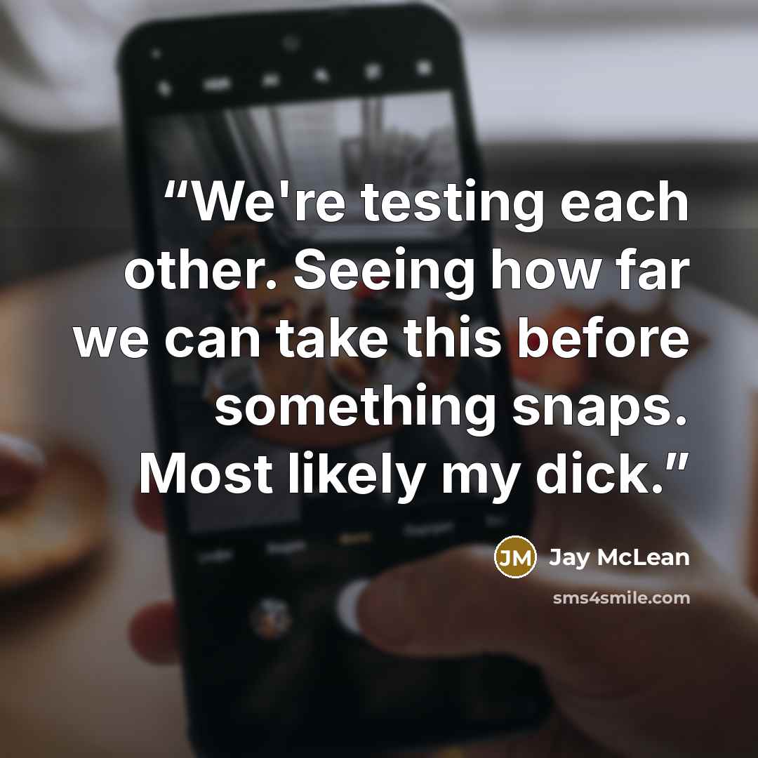 “We're testing each other. Seeing how far we can take this before something snaps. Most likely my dick.” quote by Jay McLean