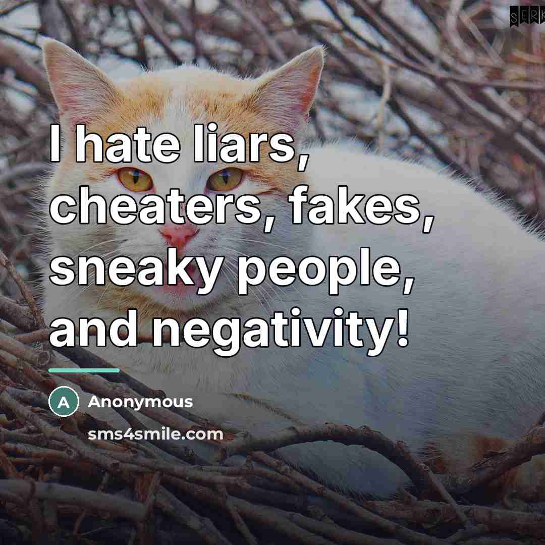 “I hate liars, cheaters, fakes, sneaky people, and negativity!…” quote by Anonymous