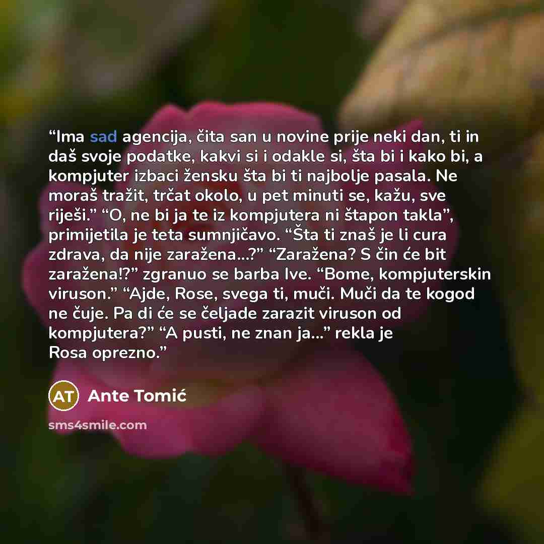“Ima sad agencija, čita san u novine prije neki dan, ti in daš svoje podatke, kakvi si i odakle si, šta bi i kako bi, a kompjuter izbaci žensku šta bi ti najbolje pasala. Ne moraš tražit, trčat okolo, u pet minuti se, kažu, sve riješi.” “O, ne bi ja te iz kompjutera ni štapon takla”, primijetila je…” quote by Ante Tomić