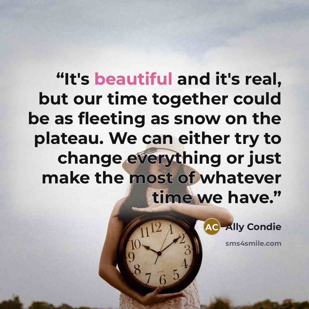 “It's beautiful and it's real, but our time together could be as fleeting as snow on the plateau. We can either try to change everything or just make the most of whatever time we have.” quote by Ally Condie