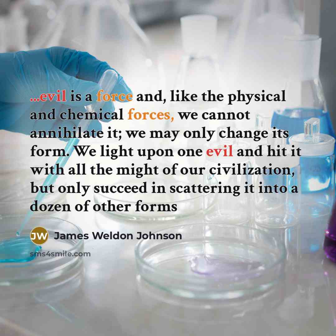 “...evil is a force and, like the physical and chemical forces, we cannot annihilate it; we may only change its form. We light upon one evil and hit it with all the might of our civilization, but only succeed in scattering it into a dozen of other forms” quote by James Weldon Johnson