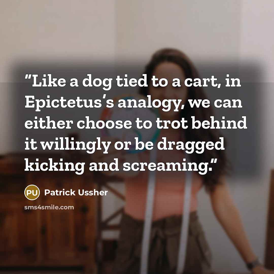 “Like a dog tied to a cart, in Epictetus’s analogy, we can either choose to trot behind it willingly or be dragged kicking and screaming.” quote by Patrick Ussher
