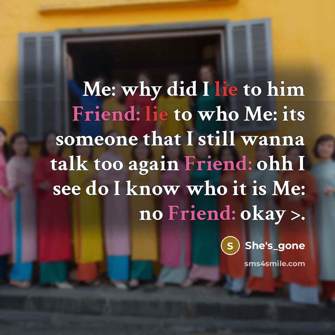 “Me: why did I lie to him Friend: lie to who Me: its someone that I still wanna talk too again Friend: ohh I see do I know who it is Me: no Friend: okay >.” quote by She's_gone